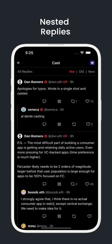Recaster - Farcaster Client - Recaster app interface showing nested replies for social media conversations