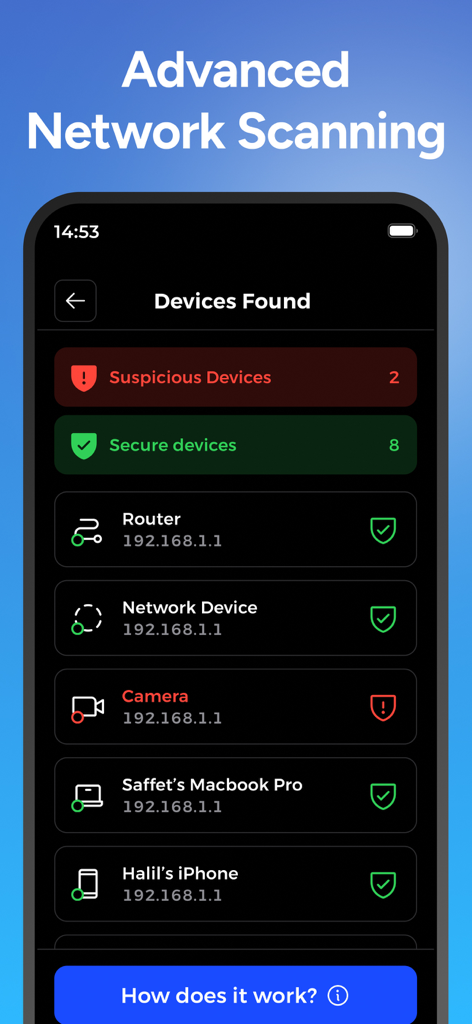 Advanced network scanning screen in Peek app showing a list of detected devices and security alerts
