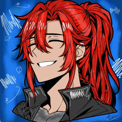 realistic hot anime boy with a grin and long hair in a pony tail