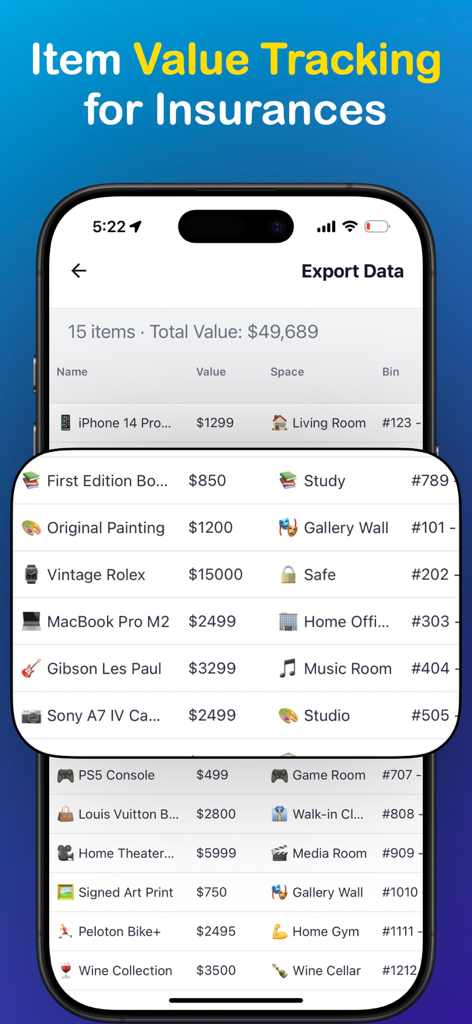 SnapFind app screen showing item value tracking for home inventory and insurance purposes.