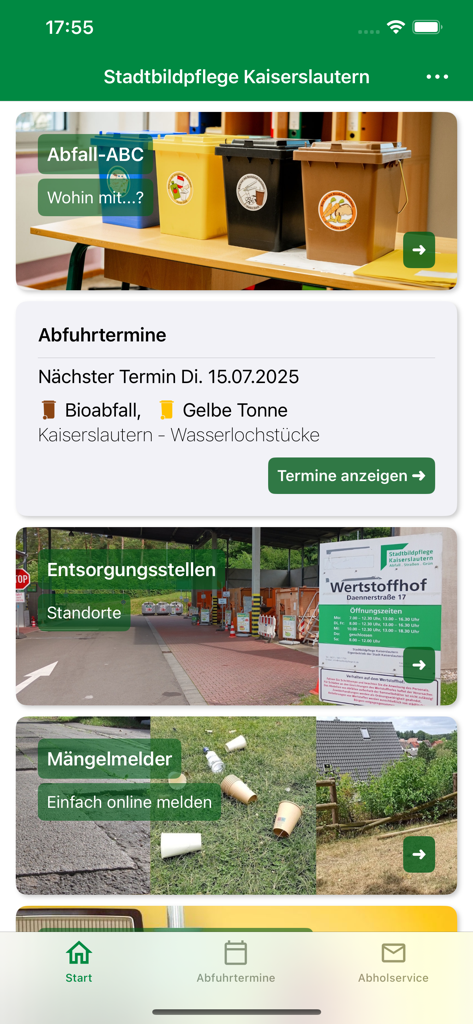 Dashboard der Stadtbildpflege Kaiserslautern App mit Abfallkalender und Meldungsfunktionen