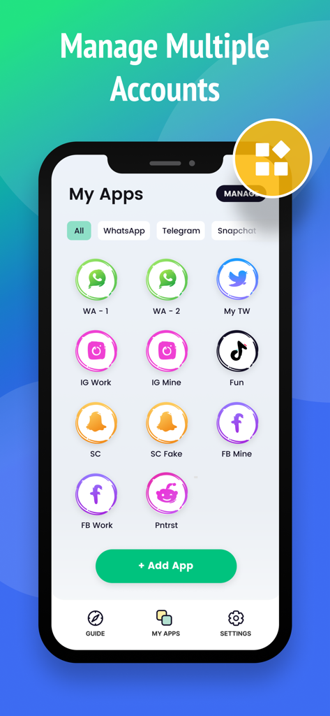 Parallel Space app interface displaying multiple cloned social media accounts for WhatsApp Instagram and Facebook