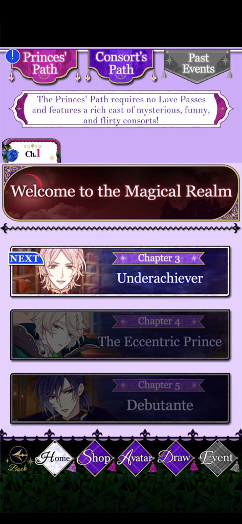 Pantalla del juego Court of Darkness que muestra capítulos de historia y retratos de personajes en el menú de la Ruta de los Príncipes.