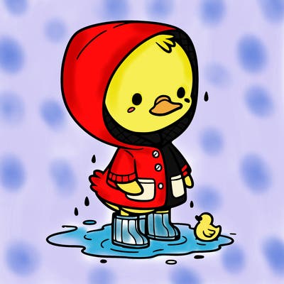 baby duck in a rain coat and boots, in a puddle while it’s raining