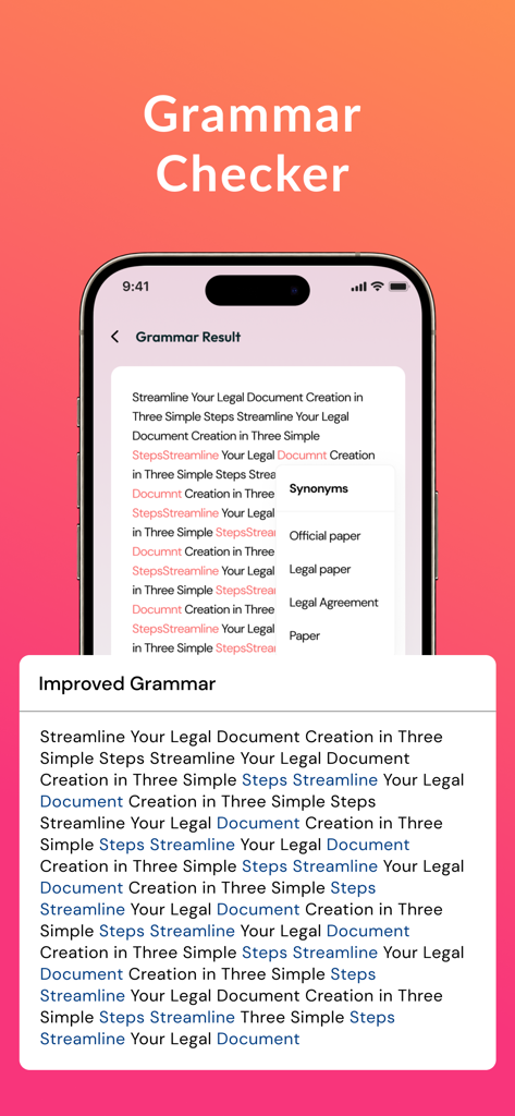 Plagiarism Remover-AI Rewriter - Grammar checker screen showing text corrections and synonym suggestions