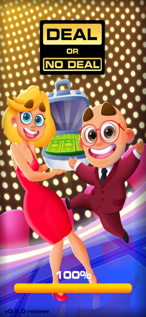 Deal or No Deal mobile game loading screen featuring cartoon characters and a briefcase filled with money.