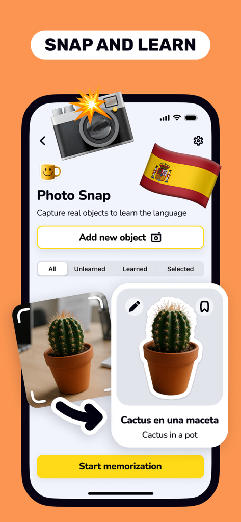 Flashcards Maker: Study Clever - Mobile App-Oberfläche, die die Snap and Learn-Funktion zur Erstellung von Karteikarten aus Fotos von echten Objekten zeigt
