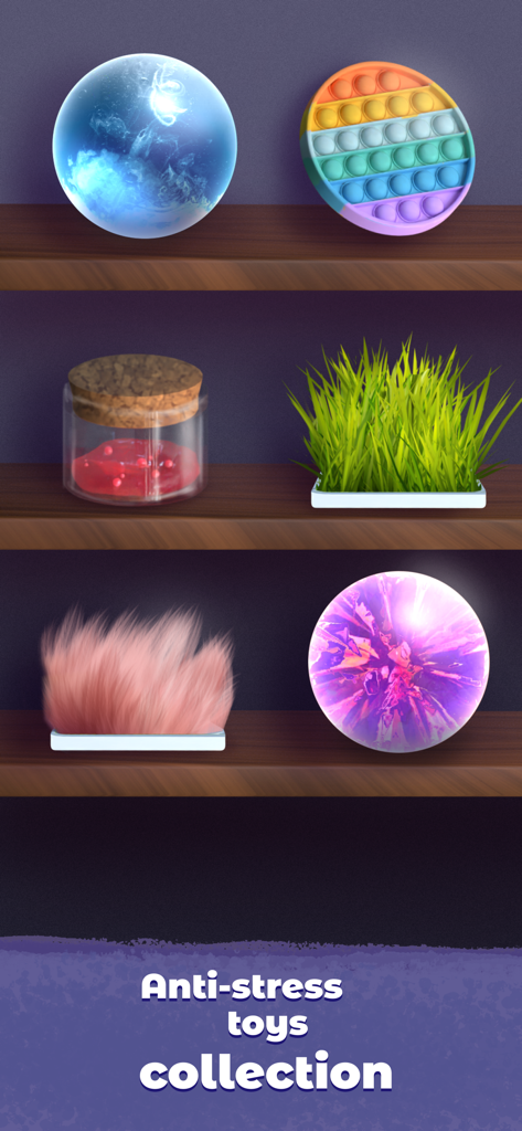 Anti stress ball: slime games - Una variedad de juguetes antiestrés virtuales que incluyen slime, pop-its y texturas sensoriales en estantes de madera.
