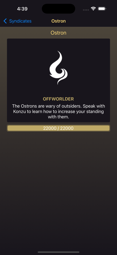 Warframe Companion app screen displaying Ostron syndicate rank status and standing progress bar