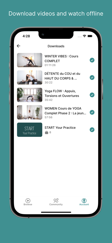 Visualizzazione dello smartphone dell'app INSOHA che mostra sessioni di yoga scaricate per l'accesso offline.