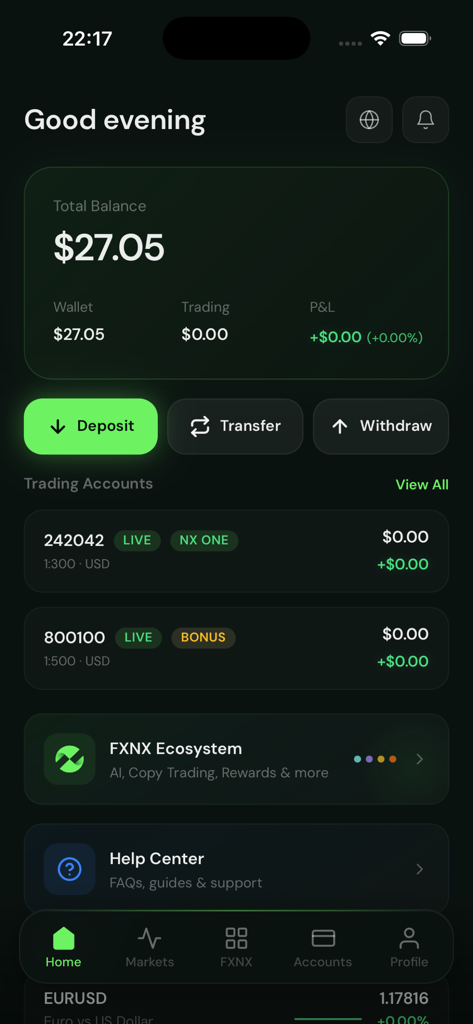 FXNX - FXNX Client Area dashboard showing total balance, wallet details, and multiple trading account statuses
