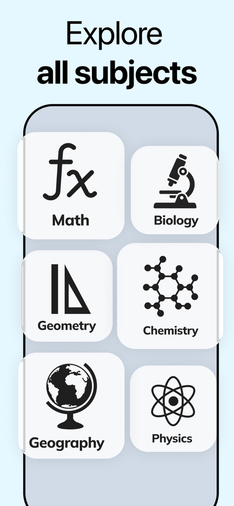 AI Homework Helper · Solve It - AI Homework Helper interface showing various school subjects like Math Biology and Physics