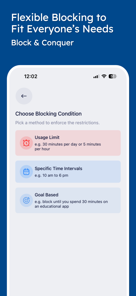 Stay Focused App/Site Blocker - Interfaz de la aplicación Stay Focused mostrando opciones para límites de uso, intervalos de tiempo específicos y bloqueo basado en objetivos.