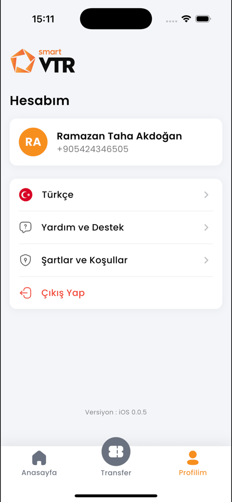 VTR Smart - VTR Smart app user profile and account settings screen