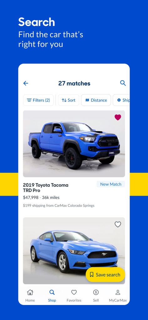 CarMax: Used Cars for Sale - CarMax mobile app interface showing used car search results with photos and pricing details.