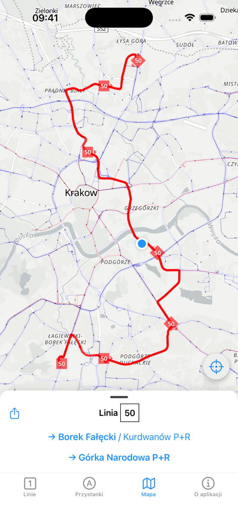 Real-time map view in Odjazdowy Krakow app showing the live route and vehicle locations for tram line 50 across the city