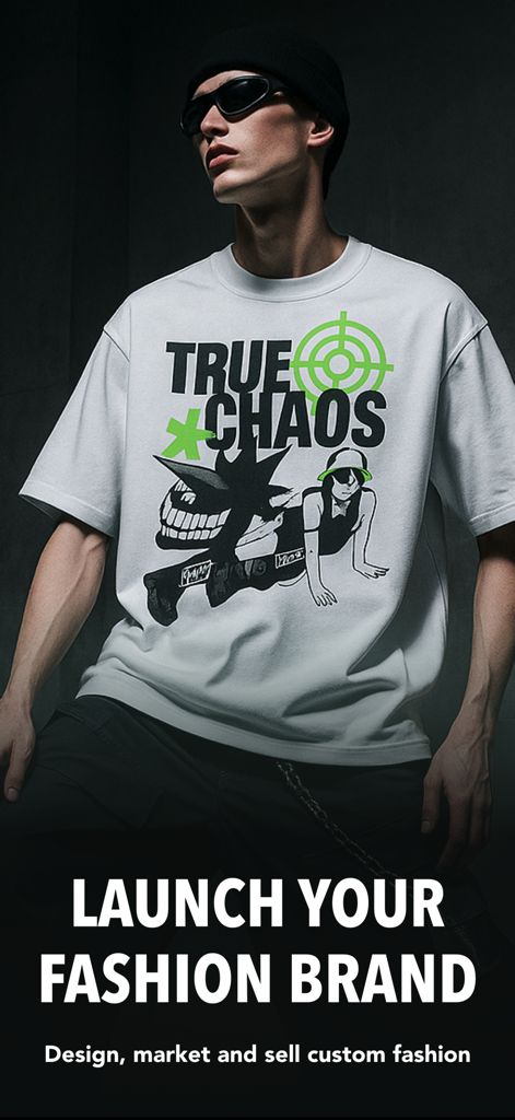 Um modelo masculino usando uma camiseta streetwear personalizada com o texto Lançar Sua Marca de Moda.