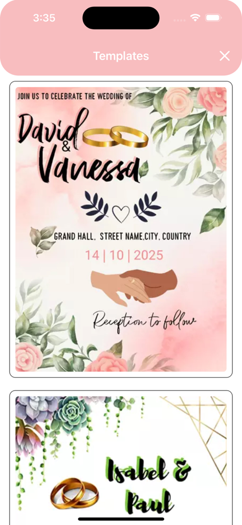 Captura de pantalla de plantillas de diseño de invitaciones de boda con temas florales y de suculentas modernas en la aplicación móvil.