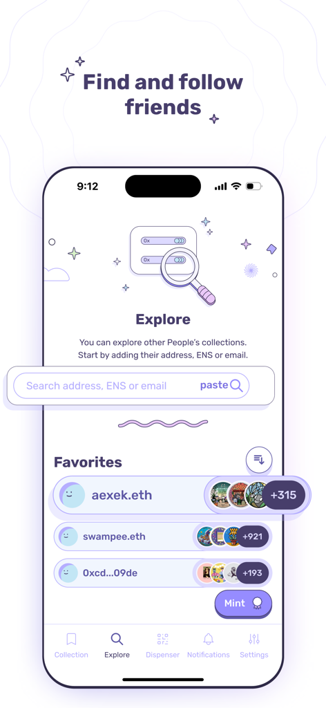 Pantalla Explorar de la aplicación POAP Home que muestra opciones para encontrar y seguir las colecciones de insignias digitales de amigos usando ENS o direcciones de billetera.
