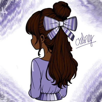 realistic girl  with hip length hair a bun and a big bow on the back of head