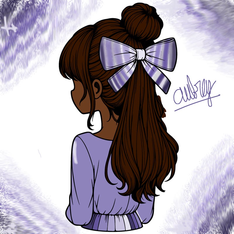 realistic girl  with hip length hair a bun and a big bow on the back of head