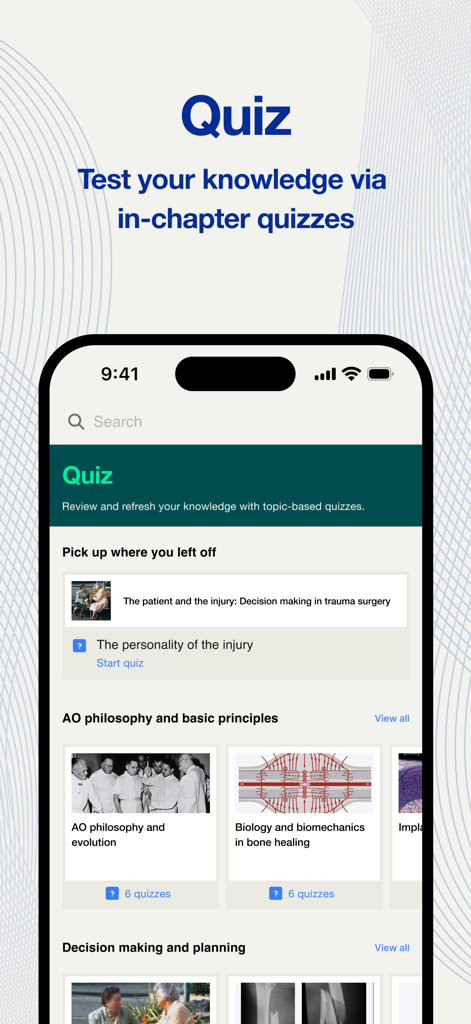 AO Companion - AO Companion app quiz section for orthopedic trauma surgery education