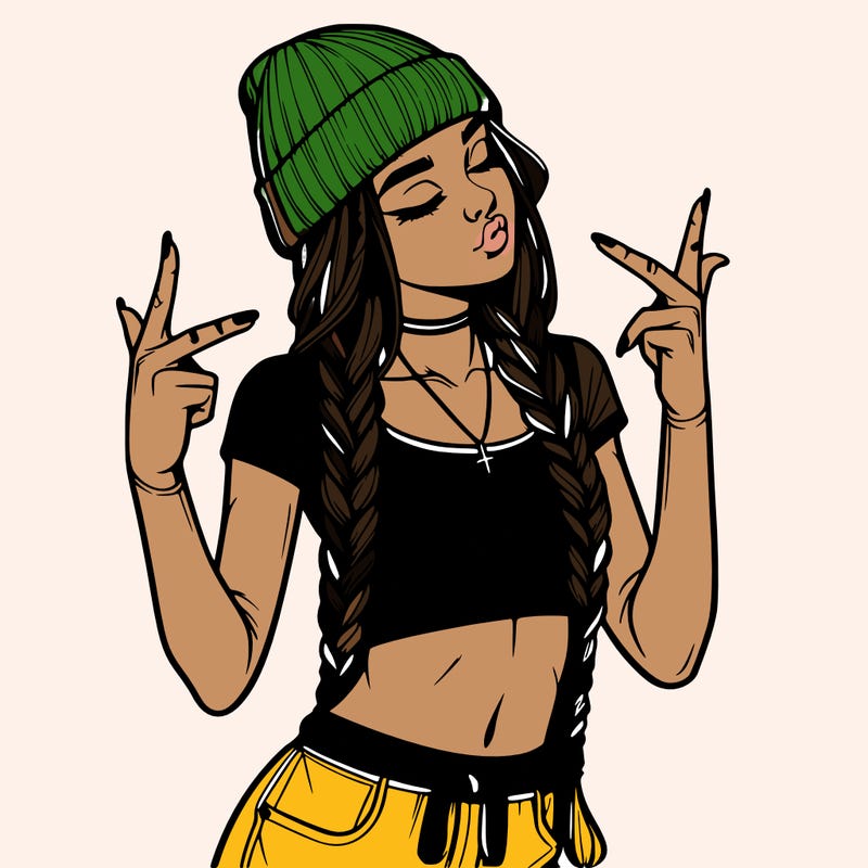 realistic teenage girl with braids and a beanie and crop top doing 🫶🏼