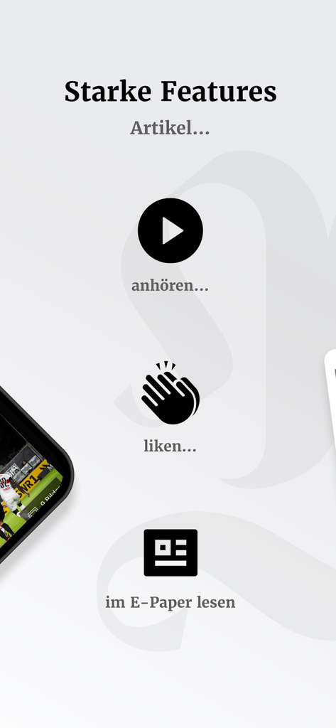 Berliner Zeitung - Berliner Zeitungアプリからのグラフィックで、記事のリスニング、コンテンツへの「いいね」、デジタル電子ペーパー版の閲覧などの機能を紹介しています。