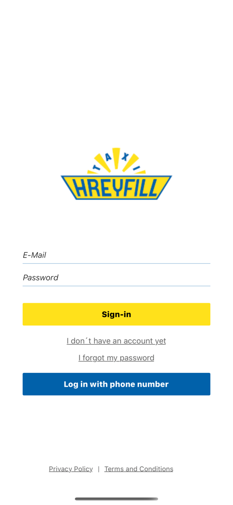 Taxi Hreyfill - Taxi Hreyfill mobile app login screen with email and phone options