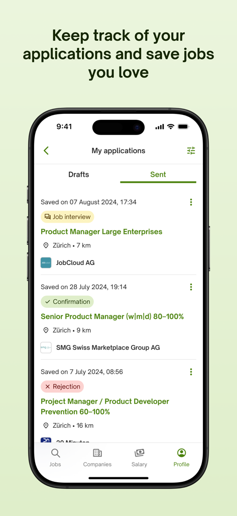A mobile app screen showing a list of sent job applications with status updates such as interview and rejection