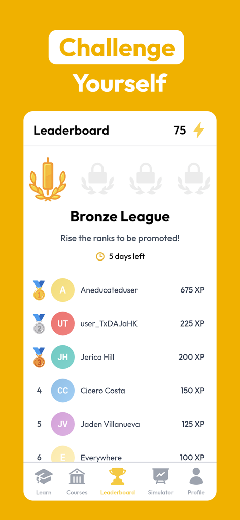 MunYun - Learn to Trade - A leaderboard screen in the MunYun app showing user rankings and experience points within the Bronze League.