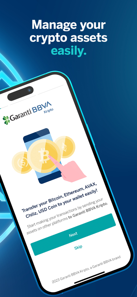 Pantalla de incorporación de la aplicación móvil Garanti BBVA Kripto que muestra opciones de gestión de activos criptográficos
