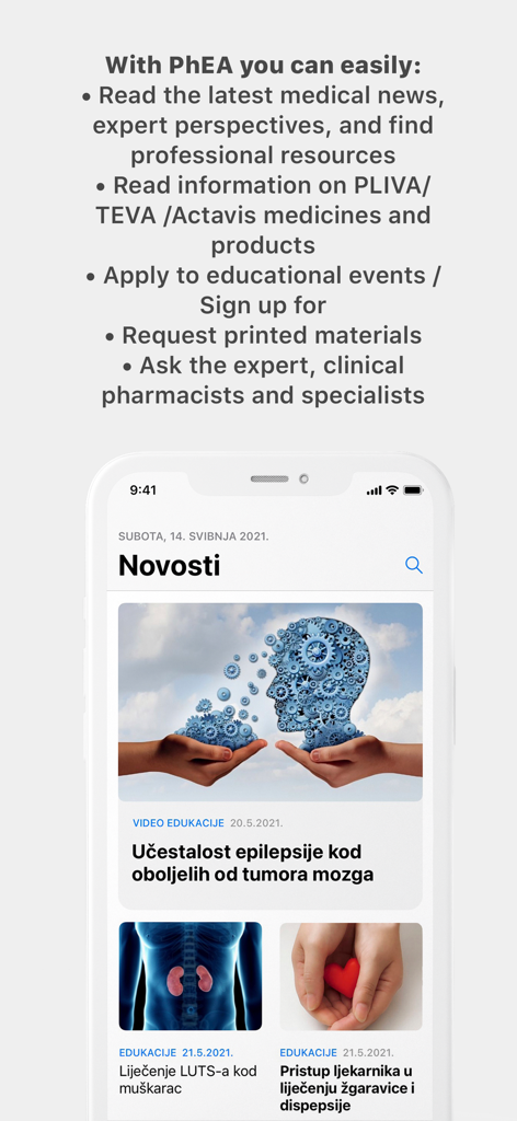 PhEA app interface displaying medical news and educational features for healthcare professionals.