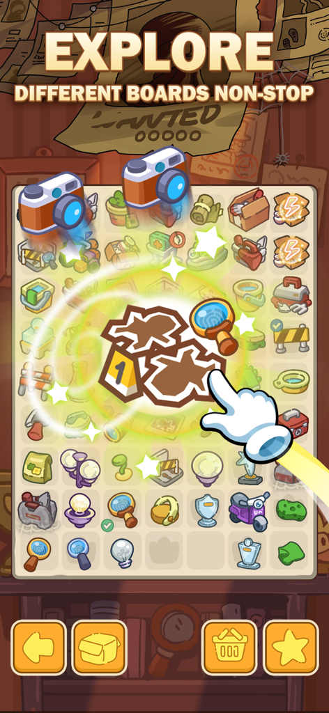 Vista del juego de Dream Detective Merge Game mostrando objetos de detective en un tablero de fusión con una mano realizando una fusión.