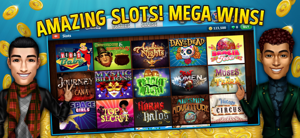 7 Seas Casino - 7 Seas Casino app interface showing a variety of themed slot machine games with two male avatars.