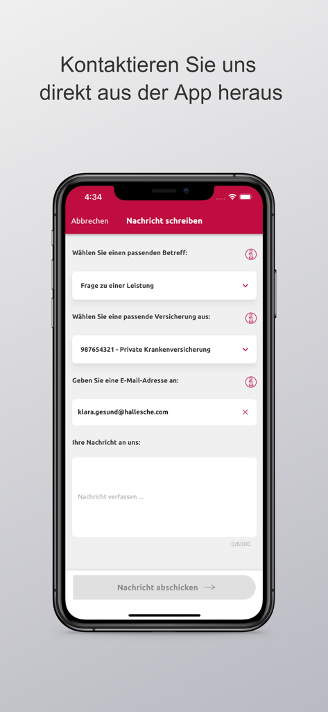Hallesche4u - Hallesche4u mobile app screen showing a message form to contact customer support directly