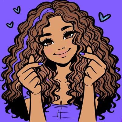 realistic girl with curly hair smiling and doing heart fingers