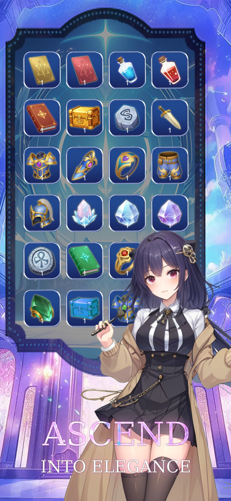 Epic Girl:Idle Adventure - A menu screen showing an inventory of items like potions, crystals, and armor alongside a stylish anime girl character with the text Ascend into Elegance.