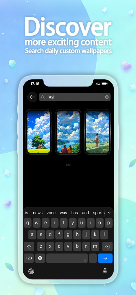 xLiveWallpaper - Video to Live - The search interface of the xLiveWallpaper app showing results for sky themed live wallpapers.