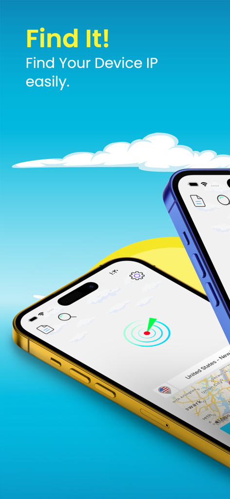 Capture d'écran promotionnelle de l'application Find My IP montrant la localisation réseau de l'appareil et une carte sur un iPhone