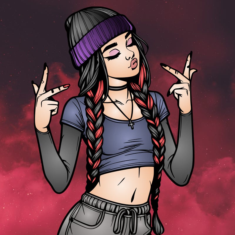 realistic teenage girl with braids and a beanie and crop top doing 🫶🏼