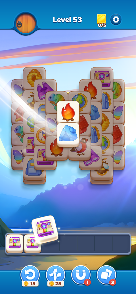 Zen Match tile matching puzzle game screen with a relaxing scenic background