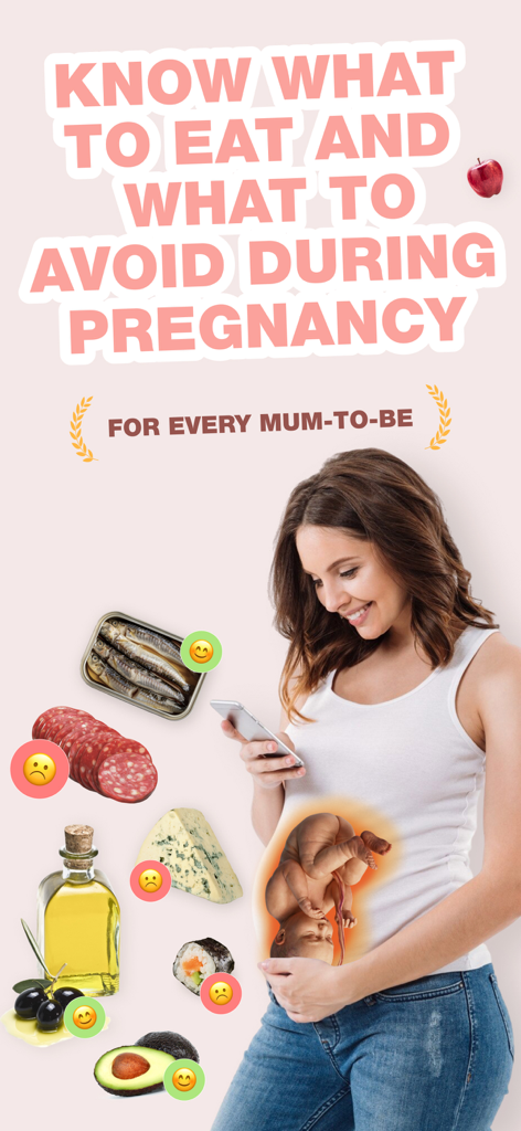 Pregnancy AI Food Companion - Uma mulher grávida a usar uma aplicação móvel para determinar quais alimentos são seguros ou inseguros para comer durante a gravidez.