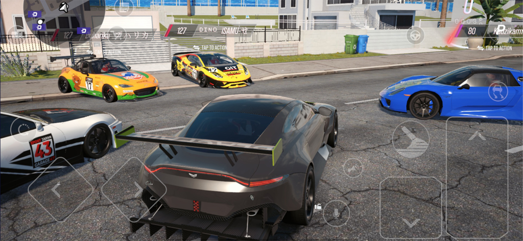 Multiplayer car meet showing customized sports cars in an open world street scene