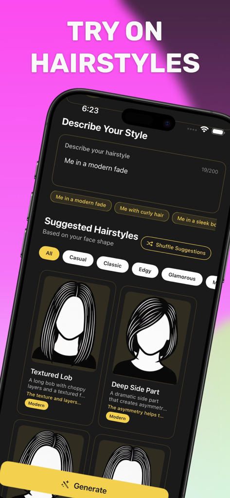 Interface of the AI Hairstyle Try On Naee app showing a text input to describe a hairstyle and suggested cuts like Textured Lob and Deep Side Part