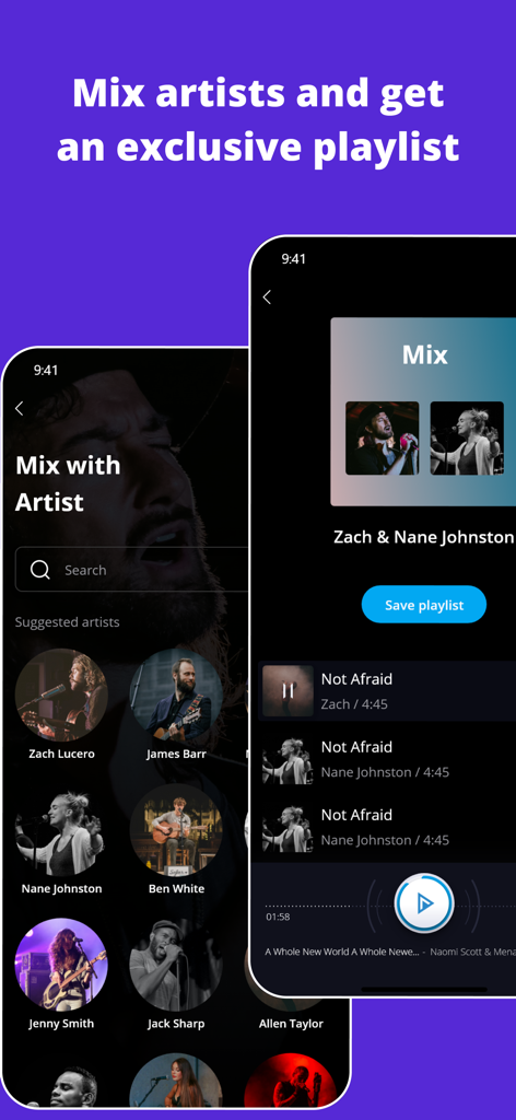 IMUSIC app screens showing the mix artists feature and a generated exclusive playlist.