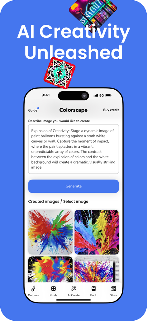 Schermata dell'app Colorscape che mostra la funzione di generatore d'immagini da testo AI con risultati colorati a spruzzo di vernice
