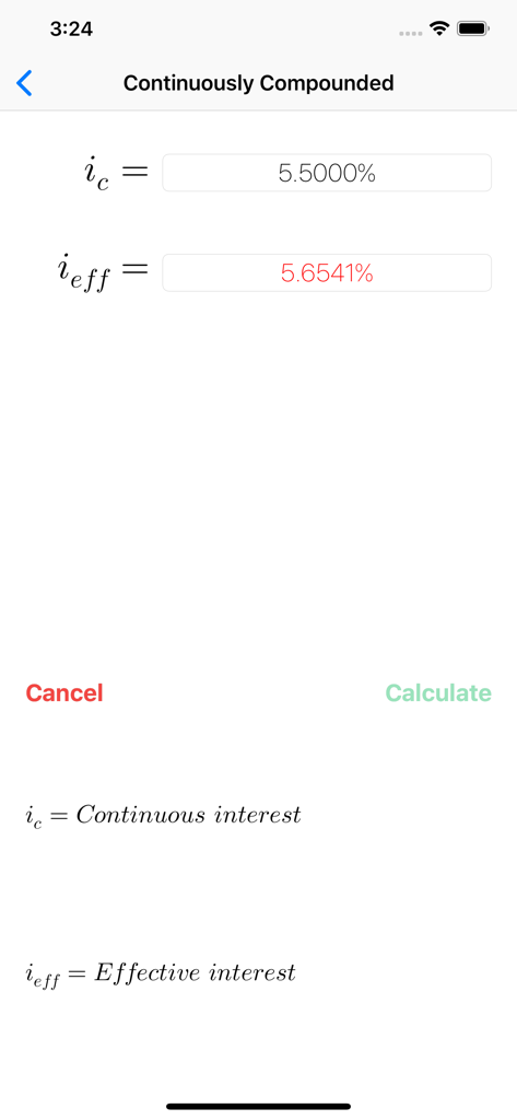 Interface of FinCalcPro app converting a continuous interest rate to an effective interest rate.