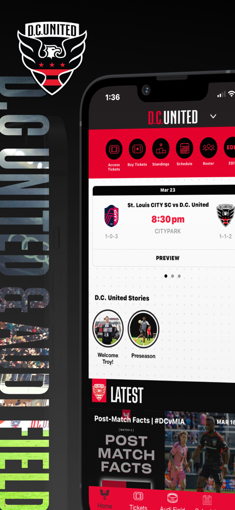 D.C. United & Audi Field - D.C. United mobile app interface featuring soccer match details and ticketing options