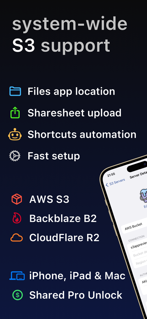 S3 Client - Files location - Resumo dos recursos do aplicativo S3 Client mostrando suporte S3 em todo o sistema para AWS Backblaze B2 e Cloudflare R2 com automação de Atalhos e integração com o app Arquivos no iPhone, iPad e Mac